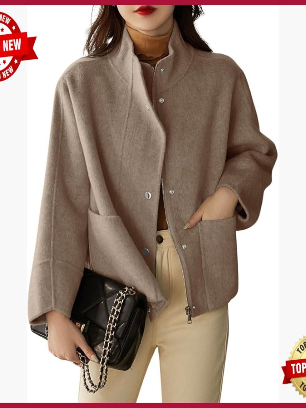 Wool Pea Coat with Pockets, Stand Collar, Short Length, All Seasons